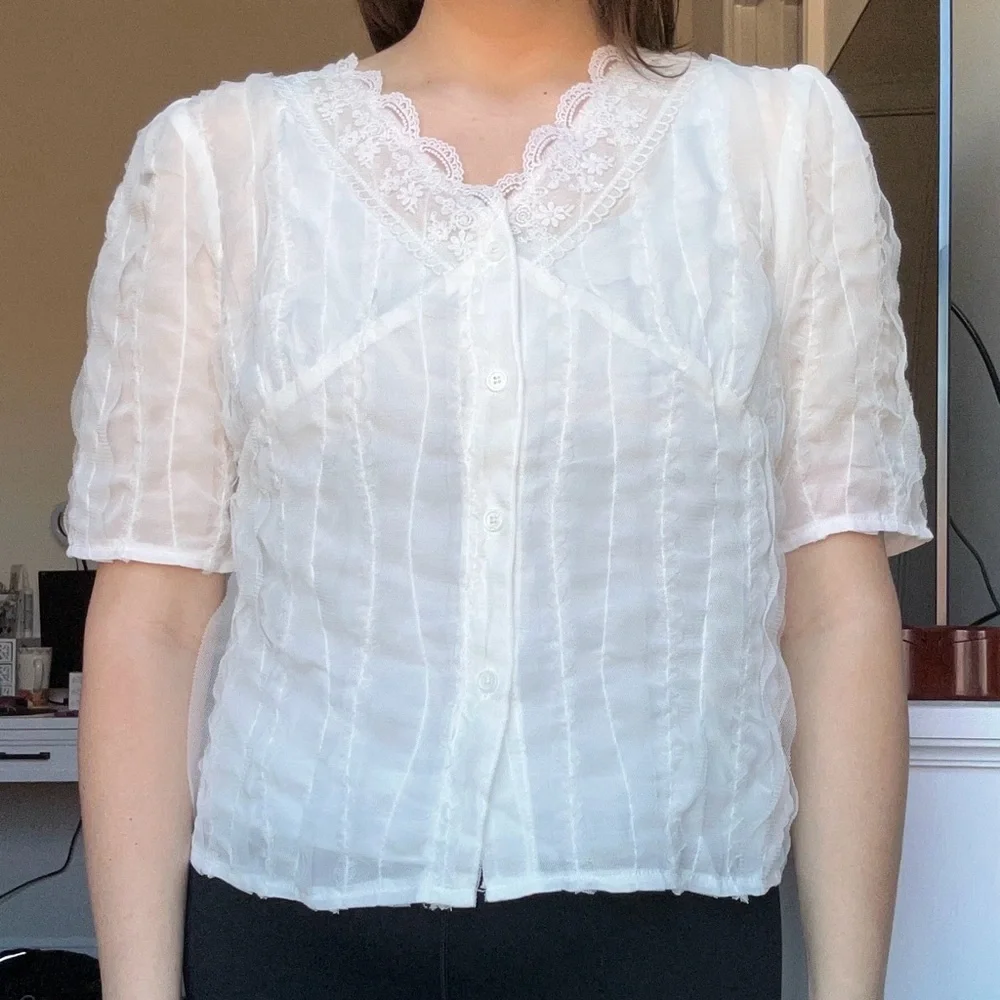 NWOT Sheer Frilled Mesh Blouse - Picture 4 of 9